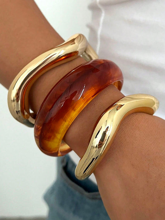 3pcs Vintage Minimalist Wavy Acrylic & Resin Material Bangle Bracelet